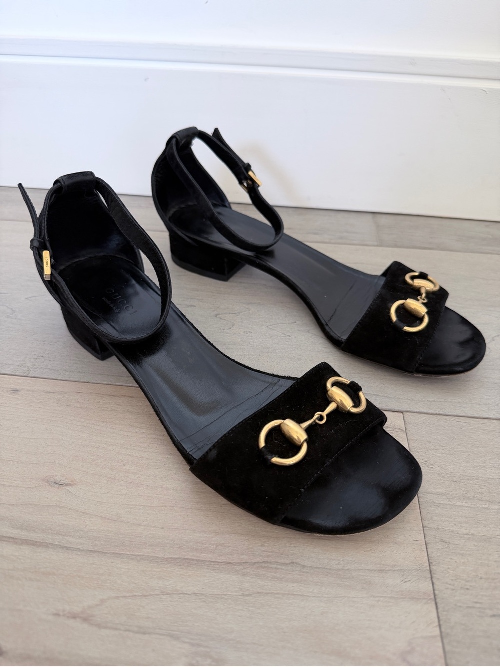Gucci black Suede Ankle Strap Sandals with Gold Hardware